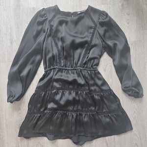 ZARA Black Satin Crochet Lace Trim Mini Dress - Medium Long Sleeve